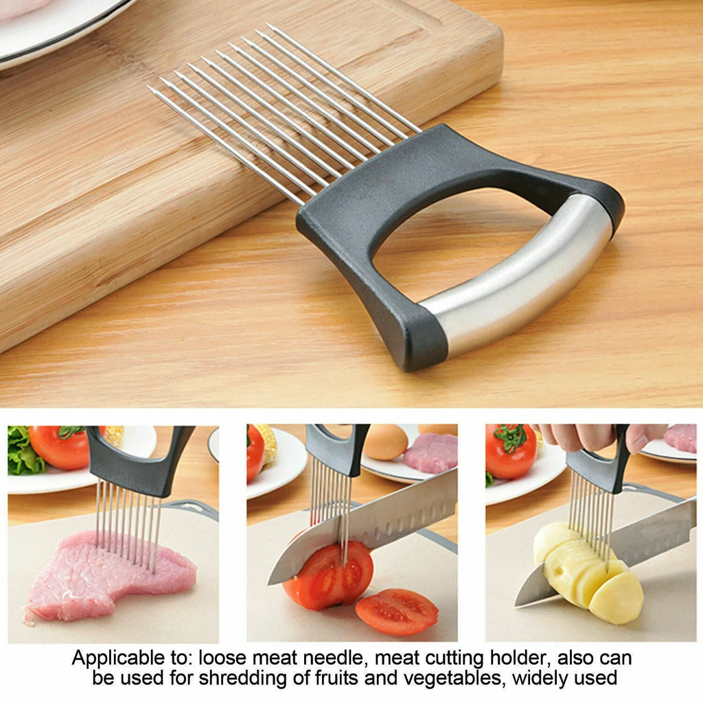 Stainless steel onion holder slicer with ABS base, measuring 14cm by 9.5cm, for secure food cutting