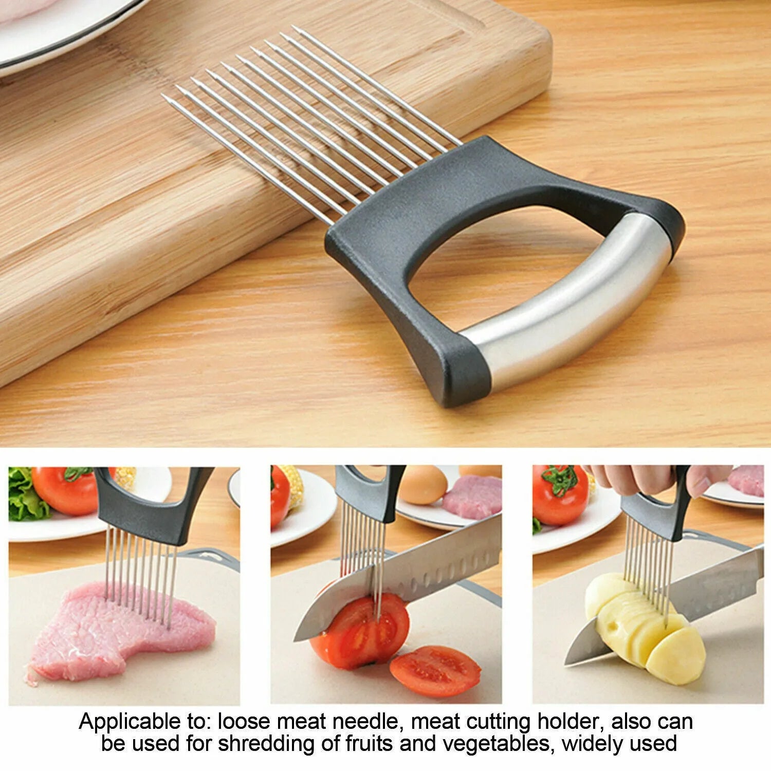 Stainless steel onion holder slicer with ABS base, measuring 14cm by 9.5cm, for secure food cutting