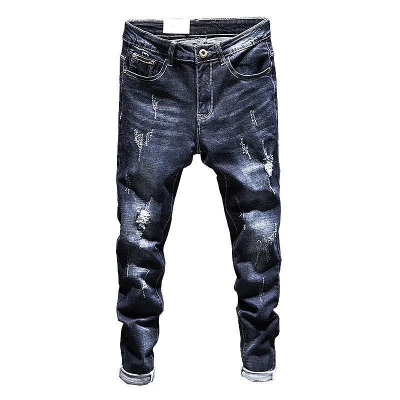 Men's slim-fitting dark blue denim jeans with micro-elasticity, showing mid-waist design and standard trousers length