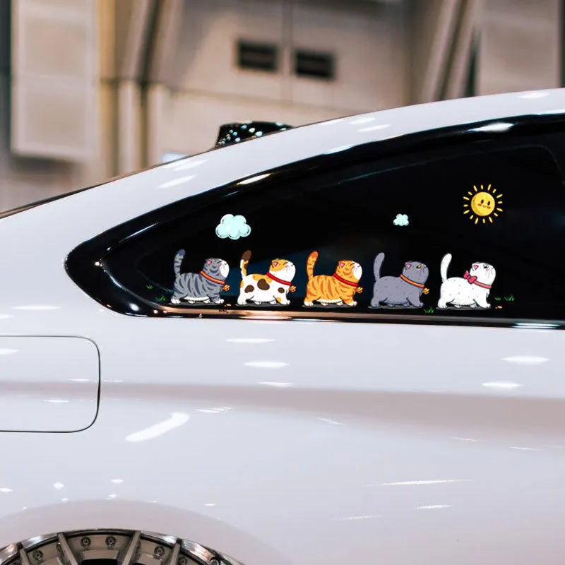 Climbing cats car sticker showing five cats walking pattern on waterproof PVC material