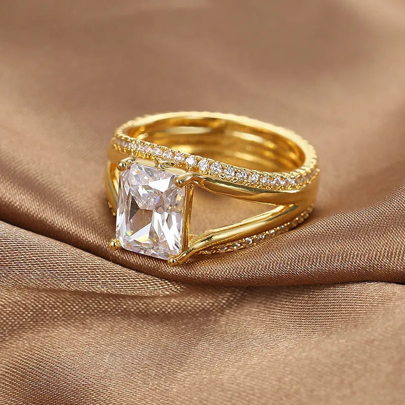 Gold electroplated geometric women's ring with square zircon stone detail