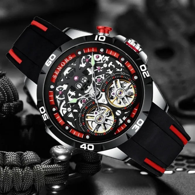 Automatic mechanical men's watch with luminous hollow dial in blue or red, 14mm thickness