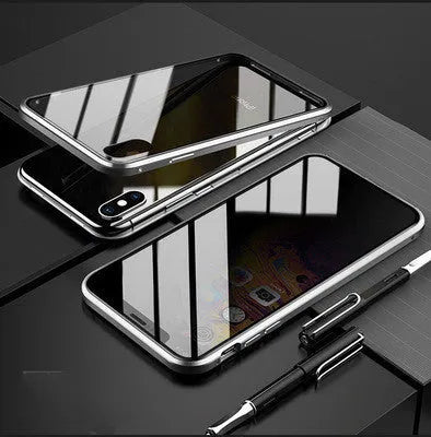 Anti-peep magneto iPhone case with metal frame and tempered glass in solid colour options