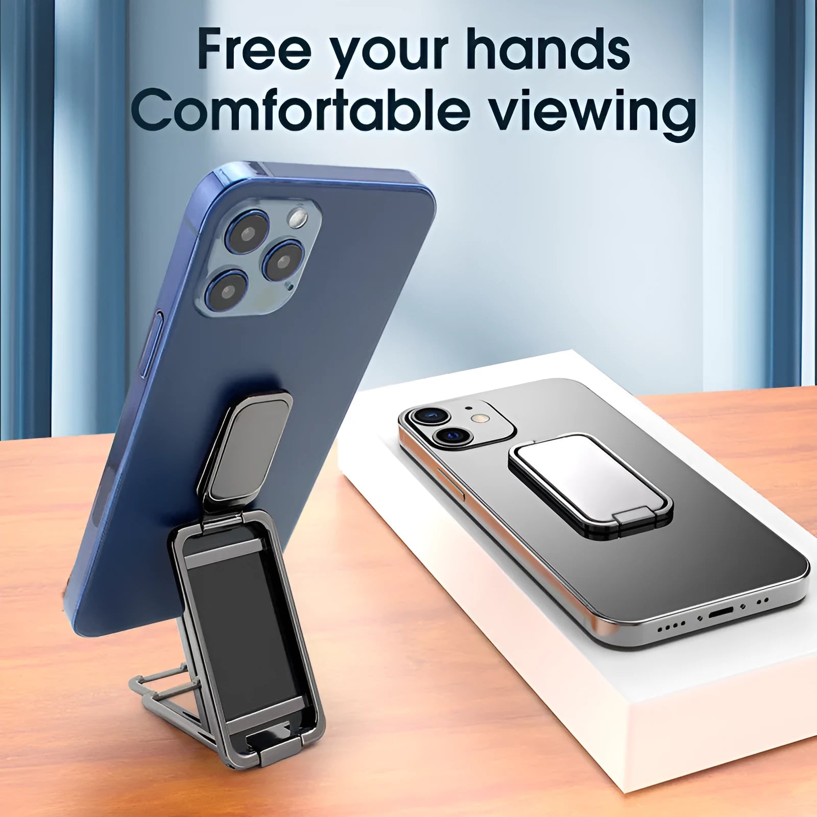 Foldable mobile phone holder with retractable ring buckle in zinc alloy, showing adjustable angle for devices