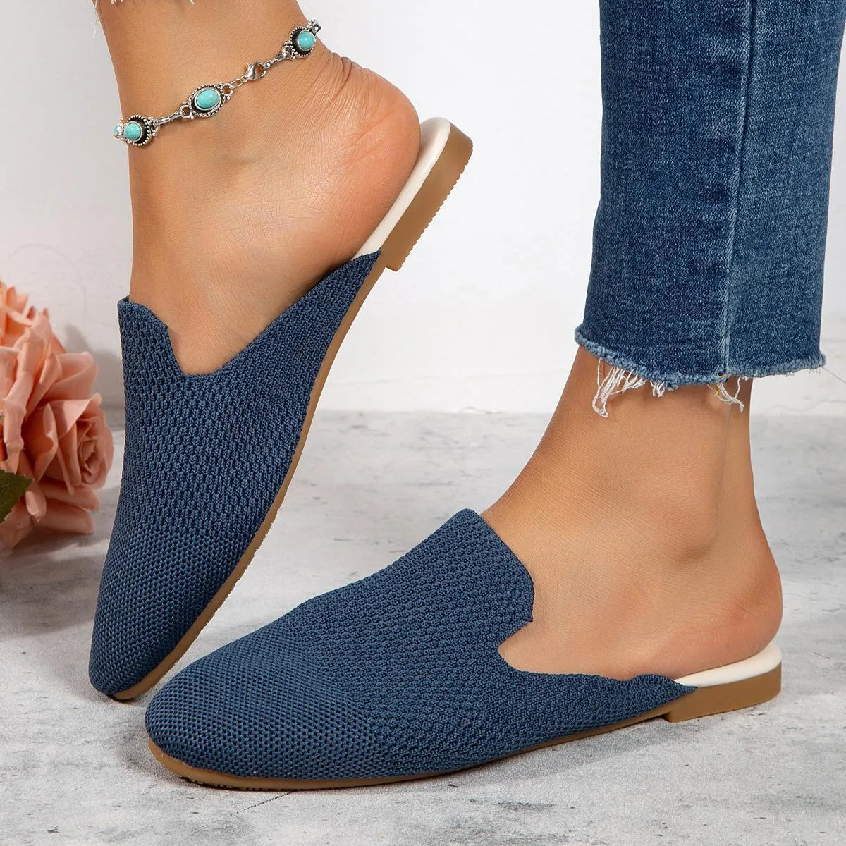 Mesh sandals in apricot colour with cloth upper and rubber sole, showing slip-on flat design for casual wear