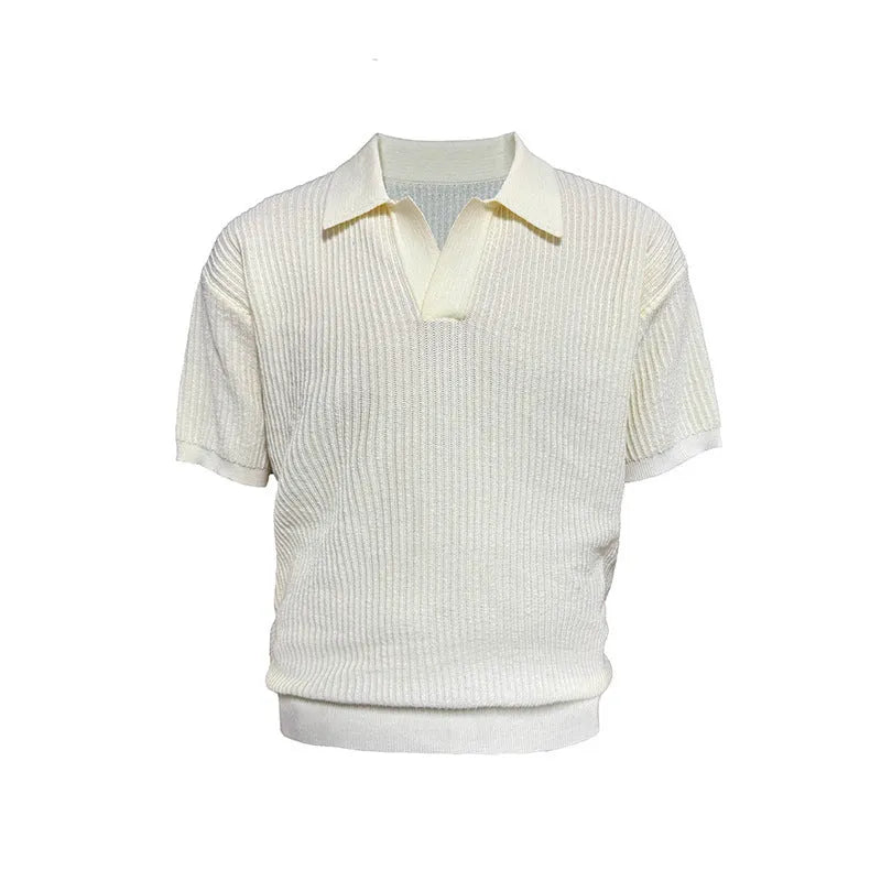 Man wearing a creamy-white loose-fit polo shirt with a striped collar, short sleeves, made of breathable ice silk fabric.