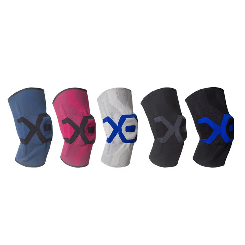 A silicone knee pad for men in a black and blue colour scheme, shown from the side.