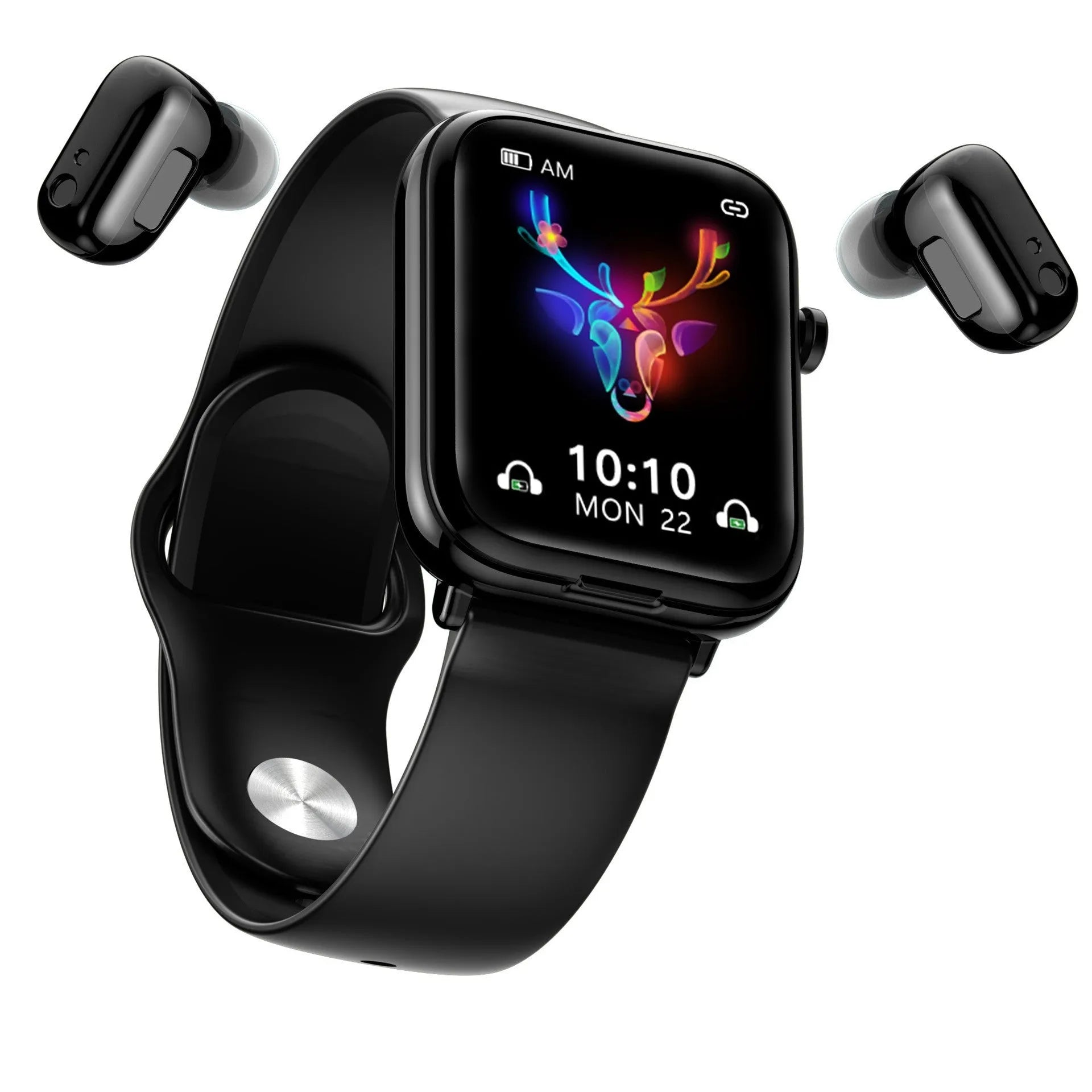 Black smart watch with 1.69-inch touch screen and zinc-aluminium alloy body showing fitness metrics display