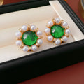 Real gold electroplated silver needle pearl stud earrings in geometric retro design with green gold colour