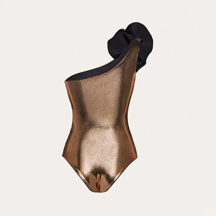 Gold handmade halter neck one-piece swimsuit with hollow out flower design for swimming sports