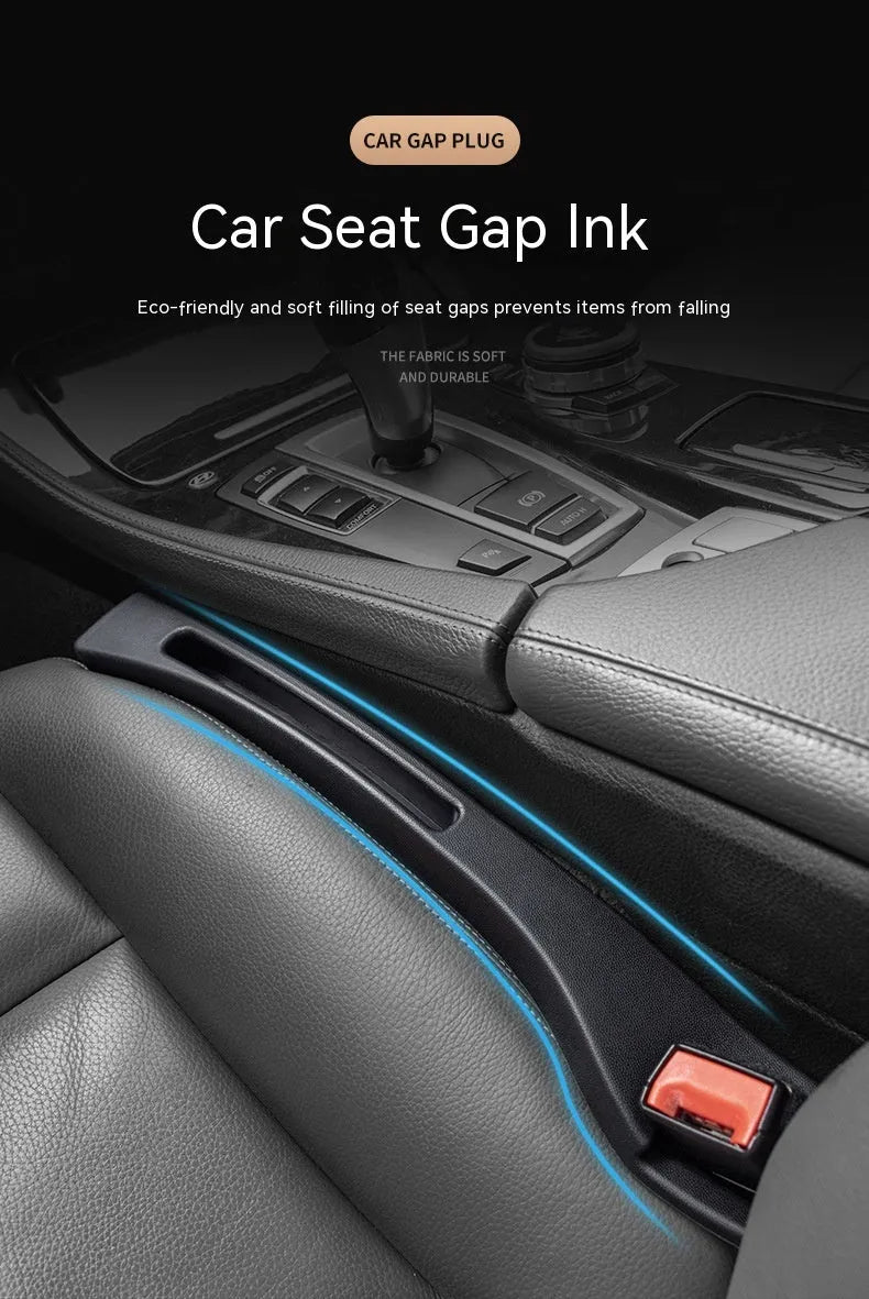 Black plastic storage box with handle placed in car seat gap.