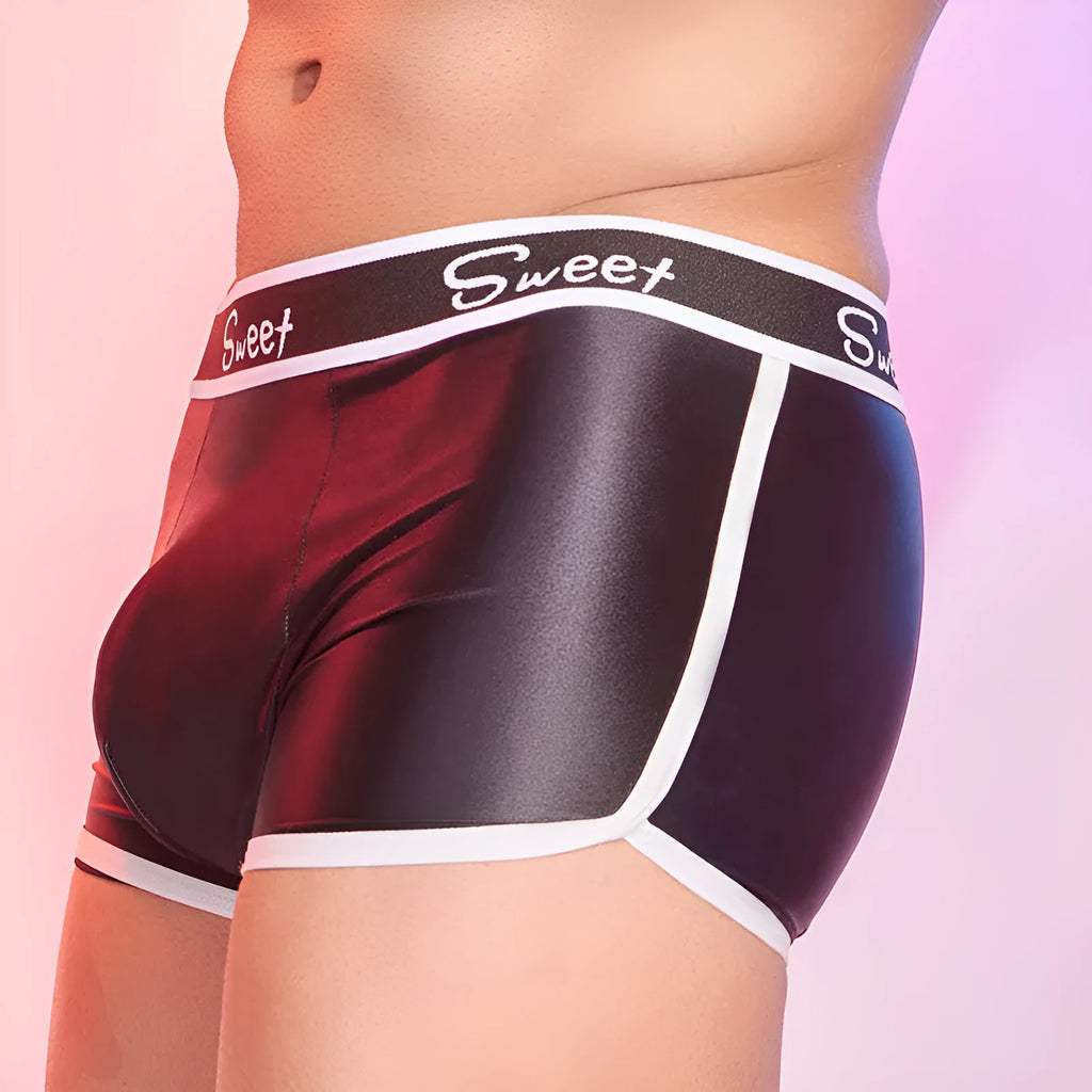 Men's shiny silky nylon boxers in black, white, and sapphire blue colours.