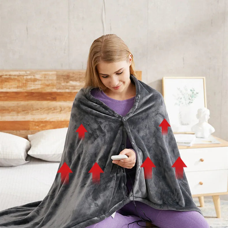 Dark grey USB electric heated plush blanket with round button zipper, shown folded.