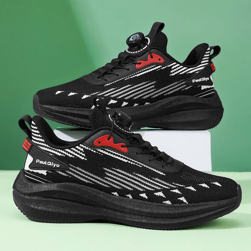 Men's white green Fly-kit mesh running shoes with rotating buckle and TPU sole, low-top design