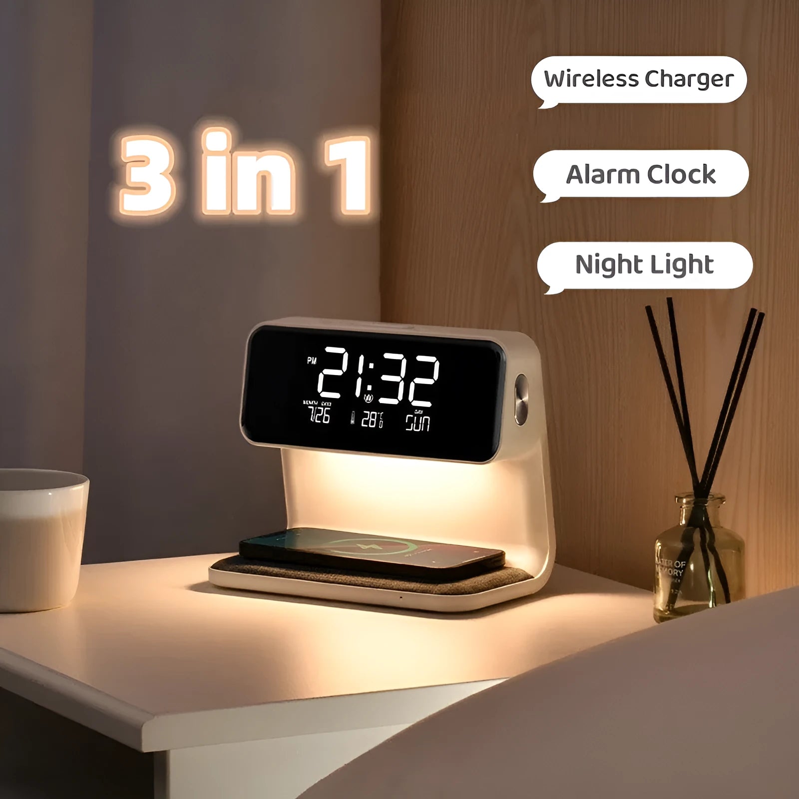 White bedside lamp with integrated wireless charging pad, LCD alarm clock screen, and touch-sensitive dimming controls.