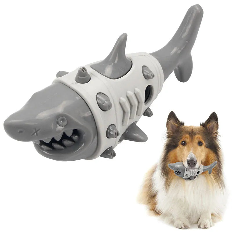 Blue shark-tooth textured dog chew toy with leaky holes for interactive play