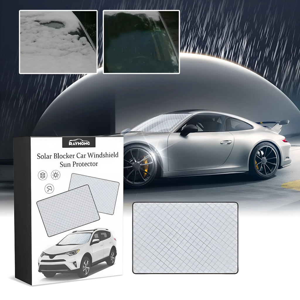 Silver aluminium film car windshield frost cover shown unfolded with 140x95cm dimensions