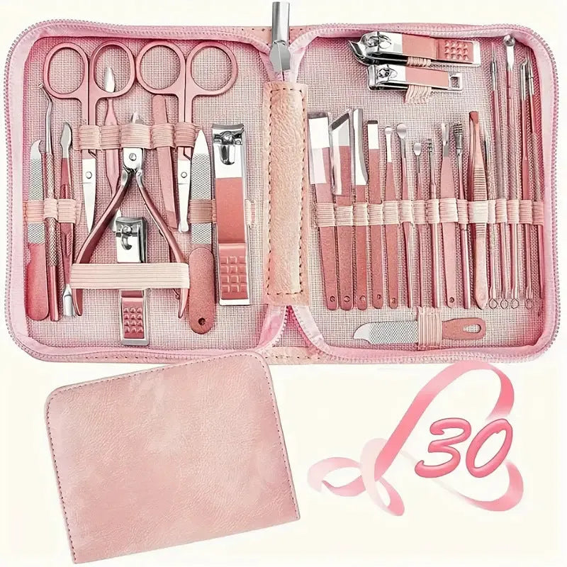 30-piece stainless steel nail beauty tool set showing clippers, files and buffers in pink, blue, rose gold, black, or green.