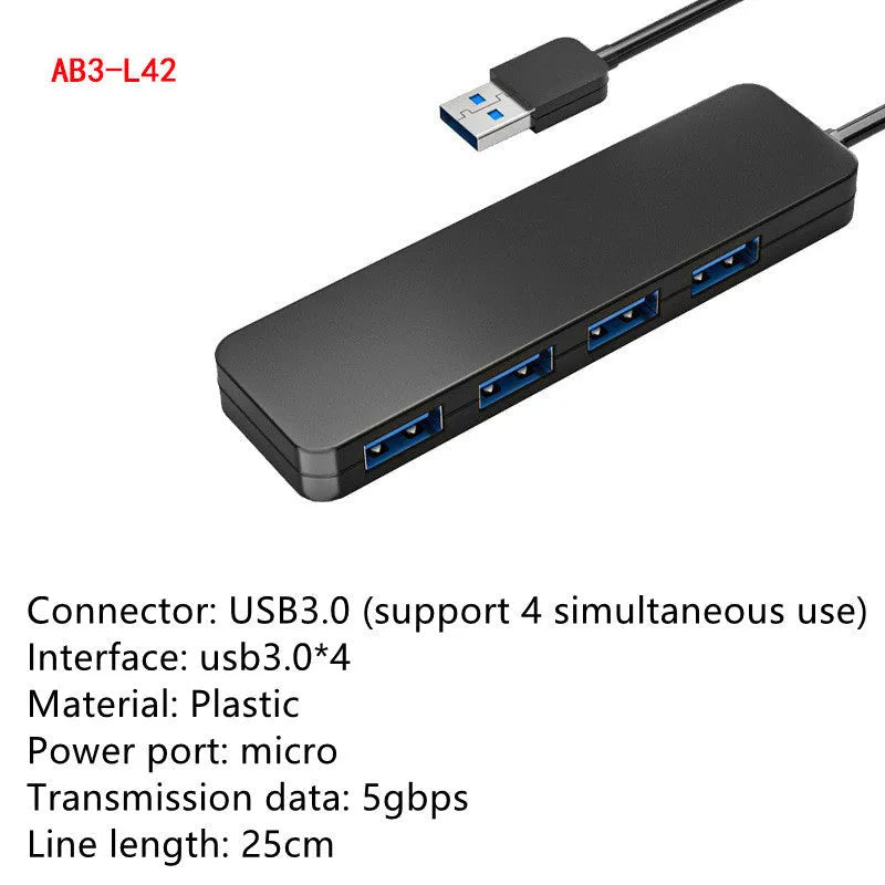 Black USB 3.0 hub with four ports, LED lights, and a 30cm connection cable