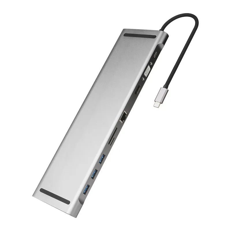 Ten-port aluminium alloy hub docking station with cooling bracket, showing HDMI, VGA, and USB ports