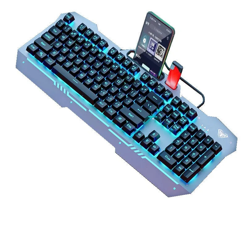 Black mechanical keyboard with colourful backlighting, mouse, and headset on metal frame