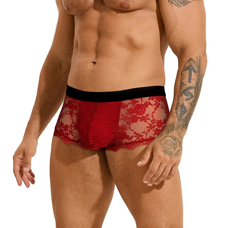Men's black lace briefs with hollow-out see through design showing transparent construction