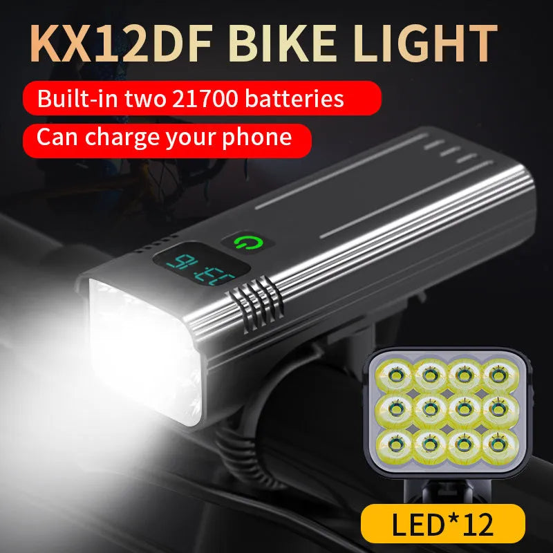 KX12DF black bicycle headlight with digital display on aluminium alloy barrel showing battery percentage