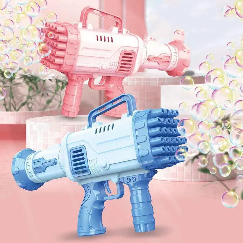 Electric bubble gun with 32-hole bazooka tip in cherry powder pink colour, illuminated version for children's outdoor play