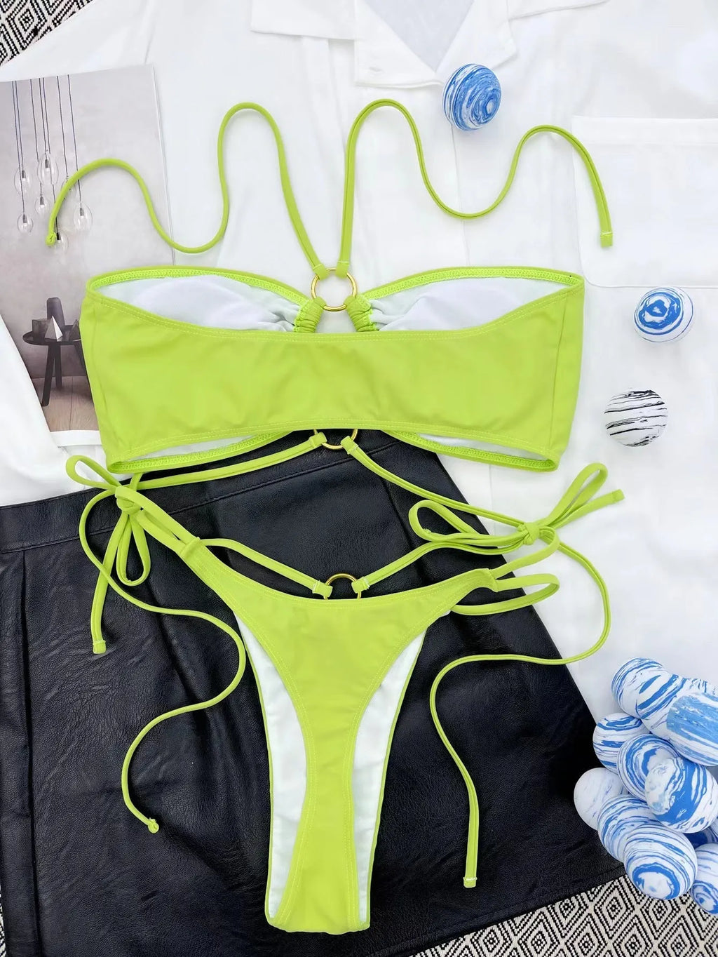 Yellow green women's triangle bikini with lace-up front and matching bottoms