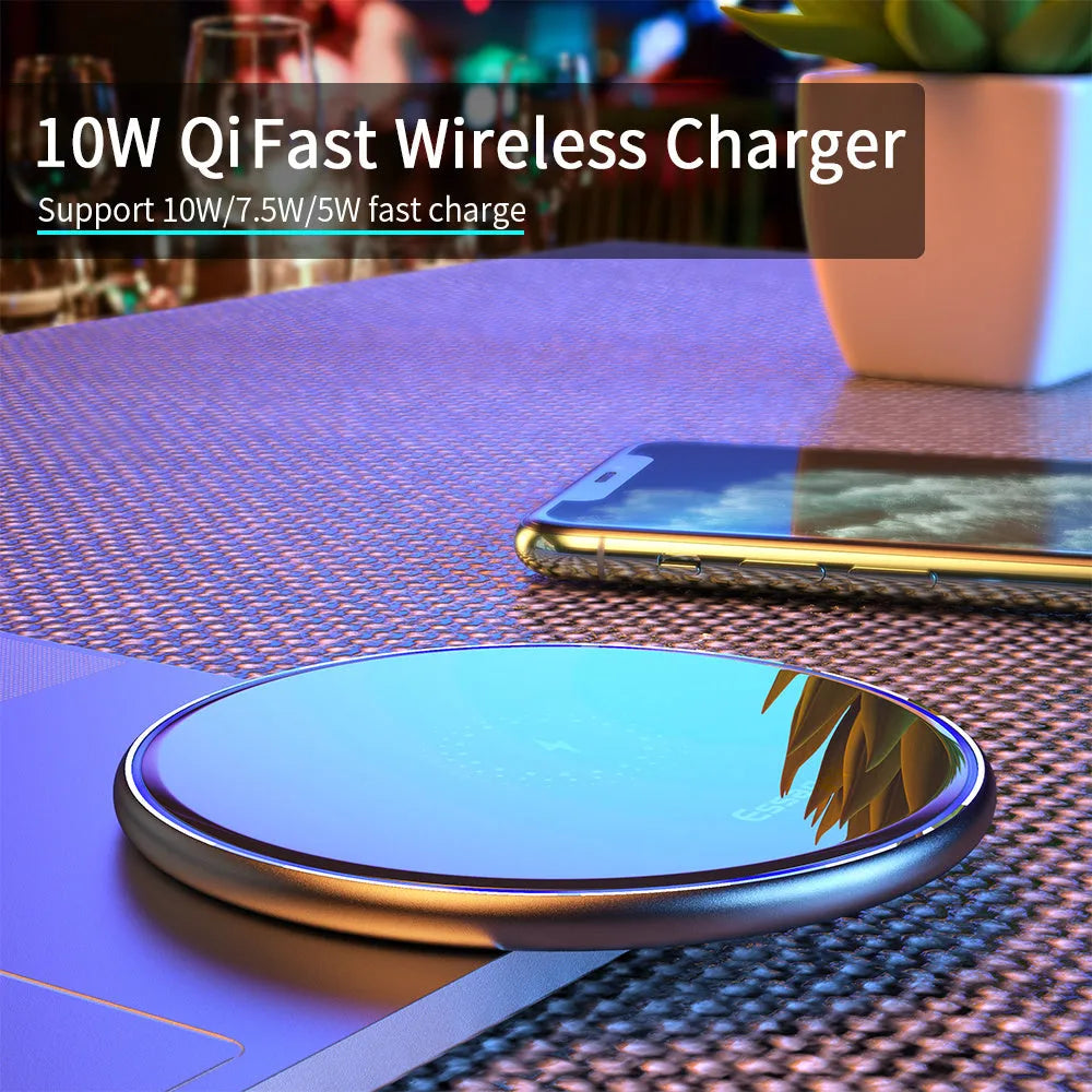 Black or white wireless charging pad with aluminium alloy surface and LED light, measuring 10.1cm by 7cm