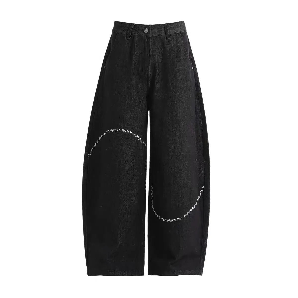 Black straight-leg denim trousers with mid-waist and zip placket on hanger showing micro-elastic polyester fabric