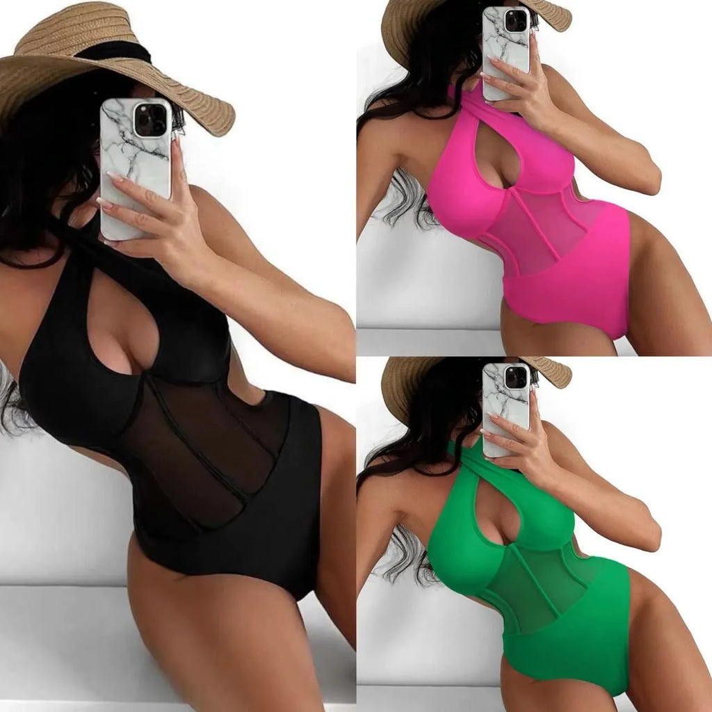 Women's black one-piece swimsuit with 80% nylon 20% spandex fabric composition