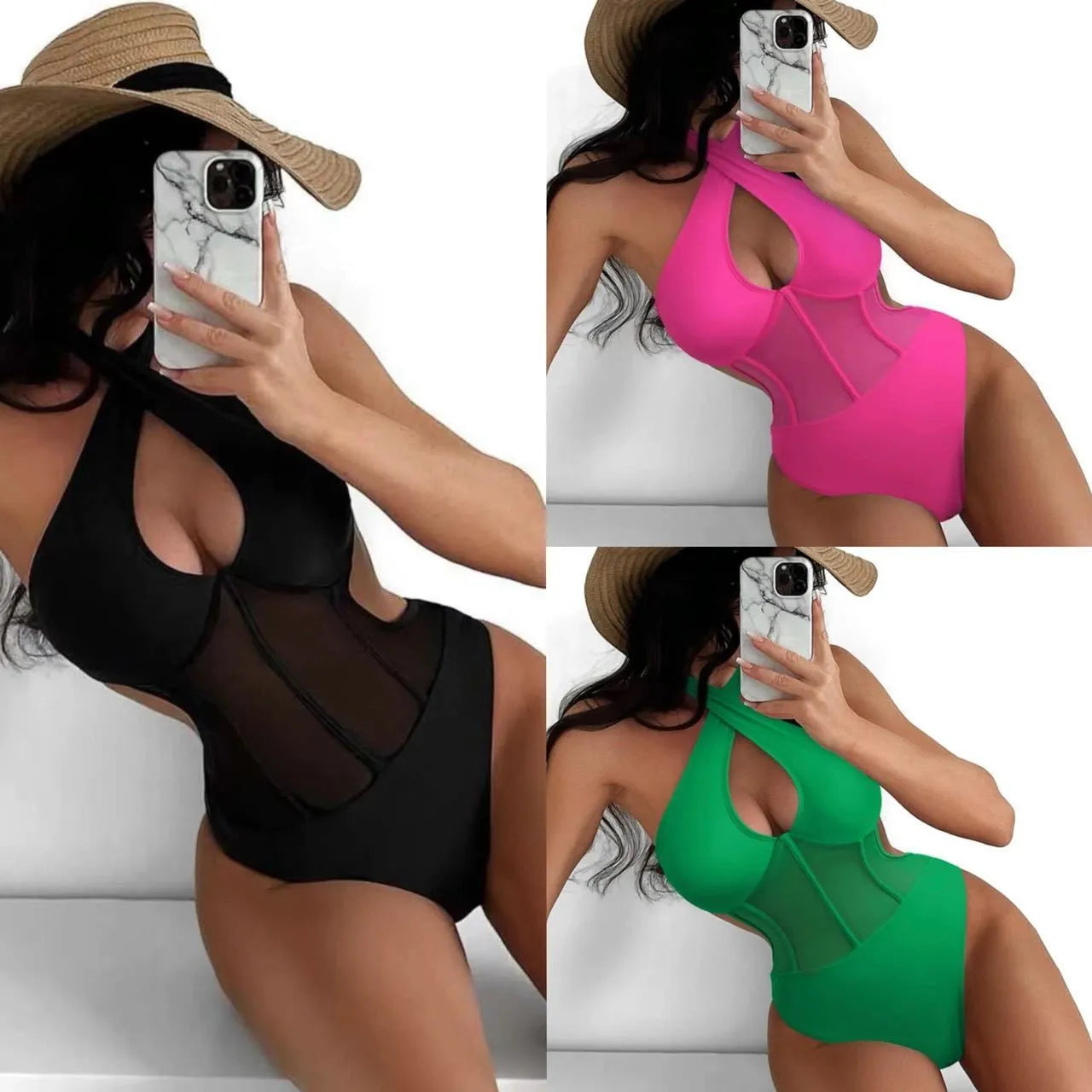 Women's black one-piece swimsuit with 80% nylon 20% spandex fabric composition