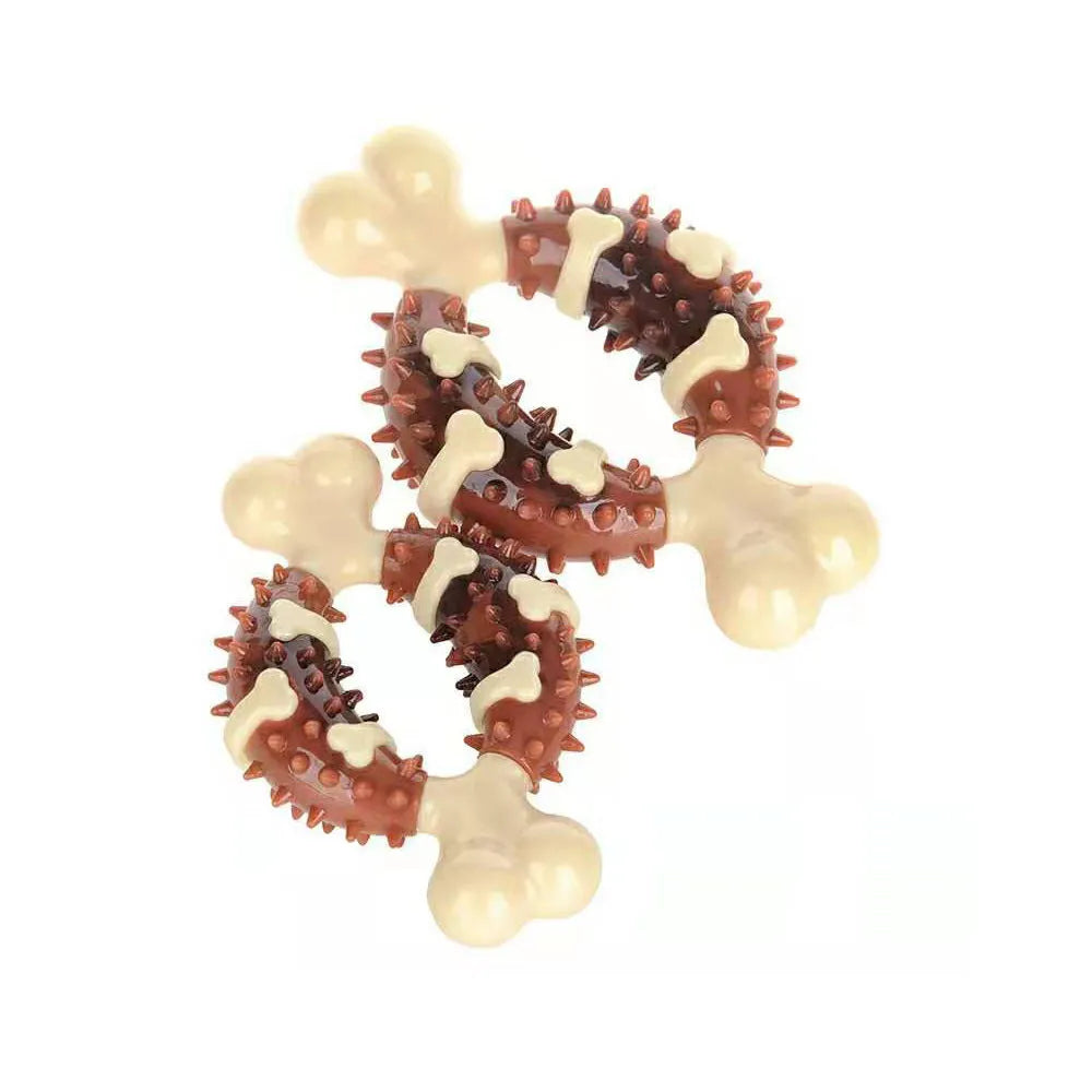 Bone-shaped natural rubber dog toy for teeth grinding in two sizes, 15cm and 12.5cm, on a white background