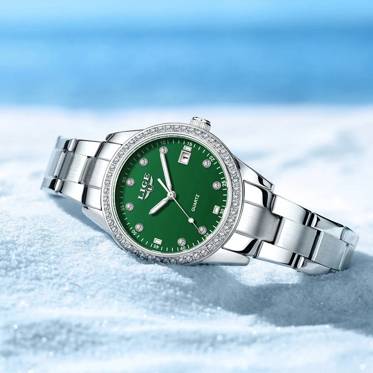 Fashion Girl Quartz Watch with round 34mm dial, diamond-encrusted bezel, and luminous hands in silver colour options