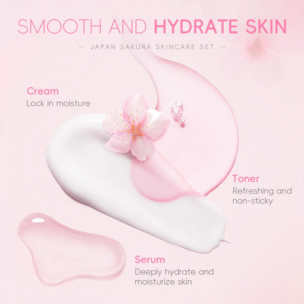 Cherry Blossom 6-piece skincare set showing cleanser, toner, moisturiser, essence, eye cream and essence cream