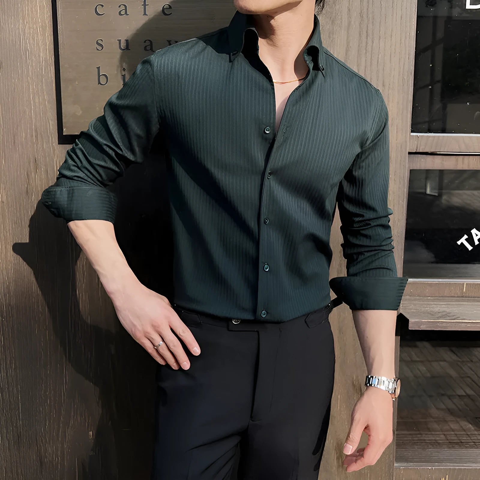 Men's dark stripes V-neck long sleeve shirt in chemical fibre blend, available in black, white, brown, green, sizes M to 4XL