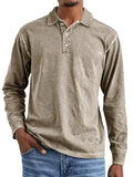 Retro washed distressed cotton lapel long sleeve polo shirt in Army Green colour showing lapel collar detail and long sleeves