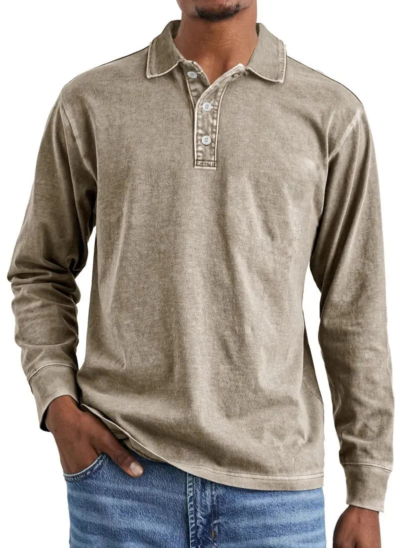 Retro washed distressed cotton lapel long sleeve polo shirt in Army Green colour showing lapel collar detail and long sleeves