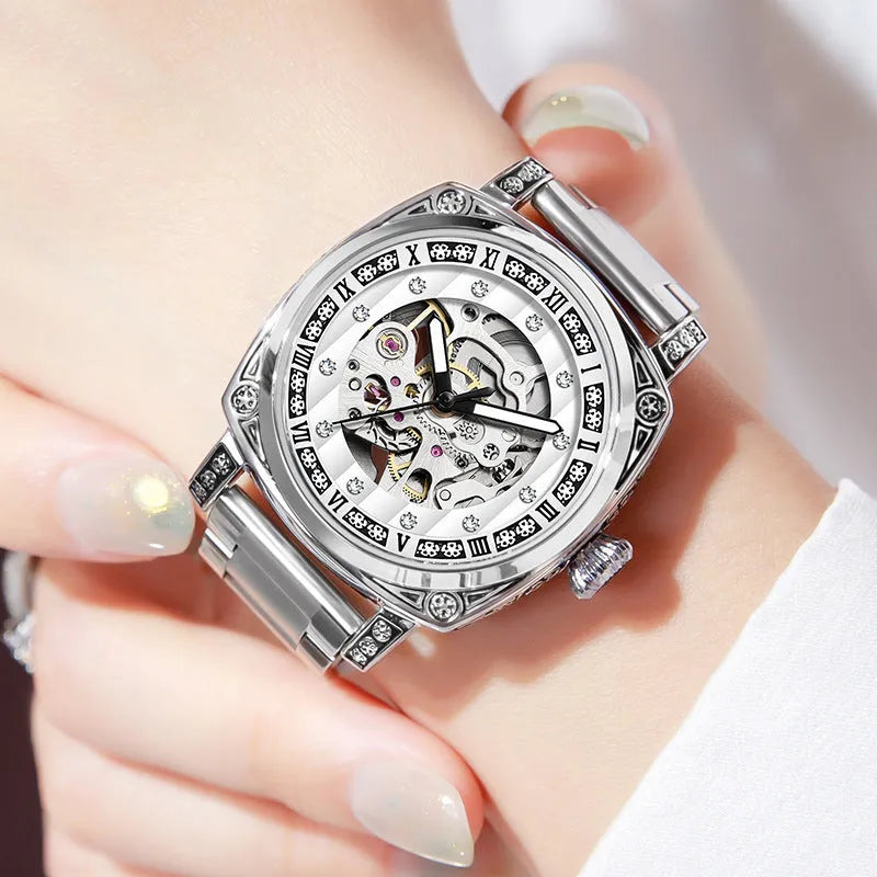 Leather strap mechanical watch with luminous hands showing 10m waterproof rating