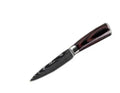 Santoku chef knife with laser Damascus pattern blade and coloured wood handle, blade length 7 inches.