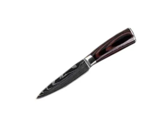 Santoku chef knife with laser Damascus pattern blade and coloured wood handle, blade length 7 inches.