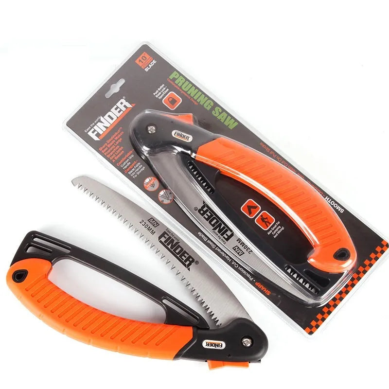 Folding garden saw with extended 230mm 65MN steel blade and TPR grip, showing teeth detail