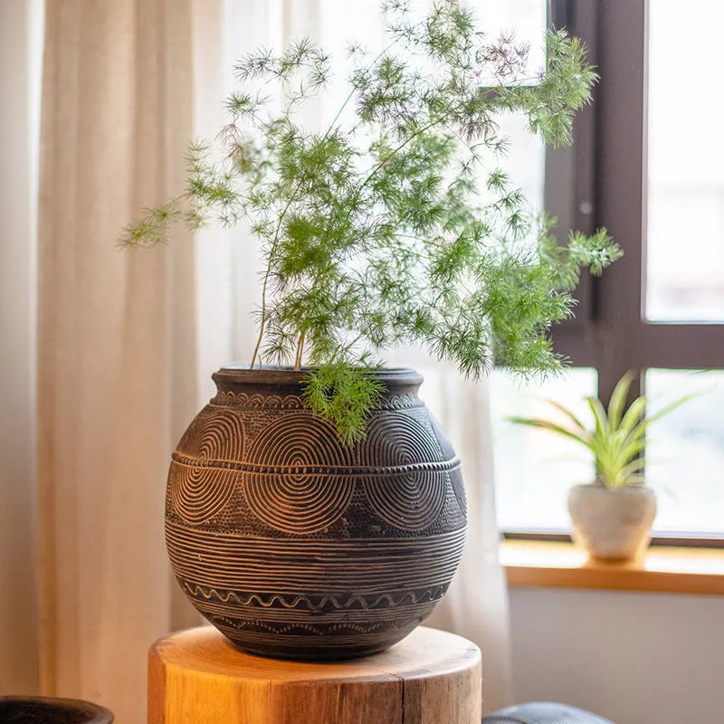 African ancient tank design cement flower pot in medium size with drainage holes
