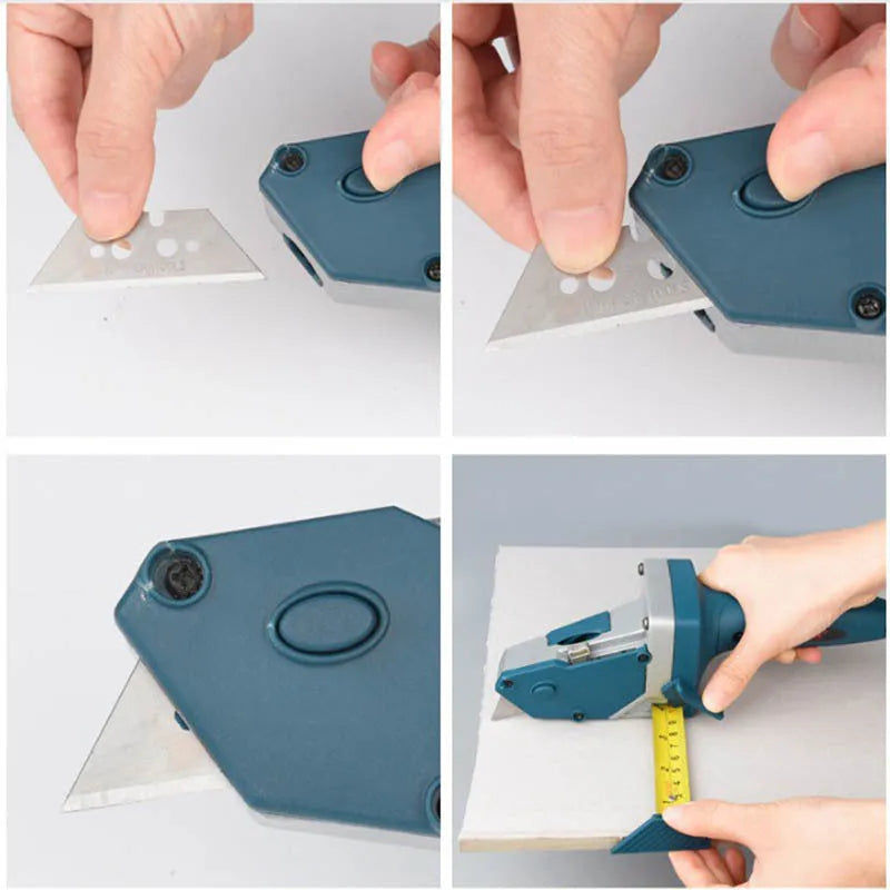 Blue aluminium woodworking cutter with one-press lock button and integrated tape measure for precise cutting