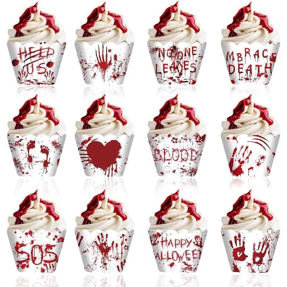 12 red blood-handed Halloween paper cake borders for cupcake and cake decoration