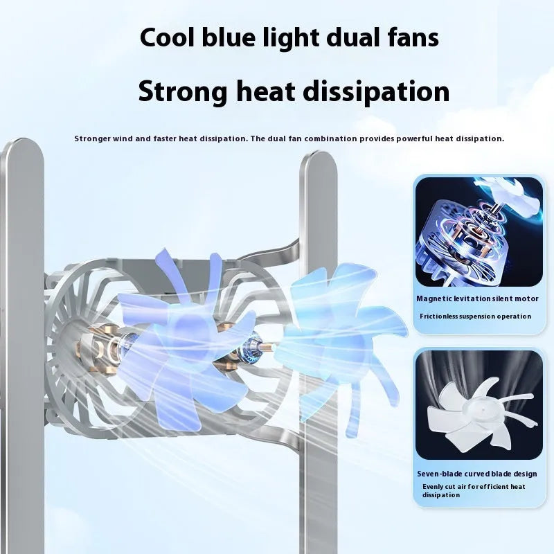 Silver aluminium laptop stand with twin cooling fans in folded position beside laptop