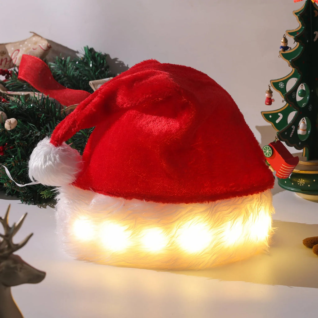 Red and white plush Santa hat with LED lights glowing around the brim and decorative pompom
