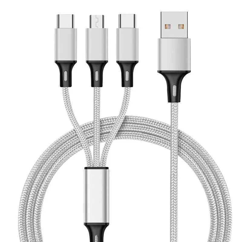 Red 3-in-1 charging cable with USB-C, Lightning, and Micro-USB tips on a 1.2m nylon braid.