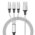 Red 3-in-1 charging cable with USB-C, Lightning, and Micro-USB tips on a 1.2m nylon braid.